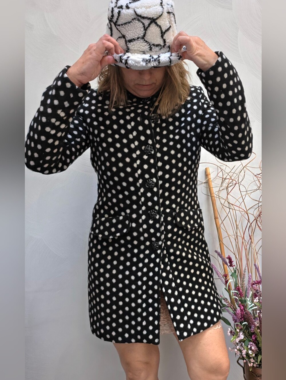 Black and White Polka Dot Wool Coat